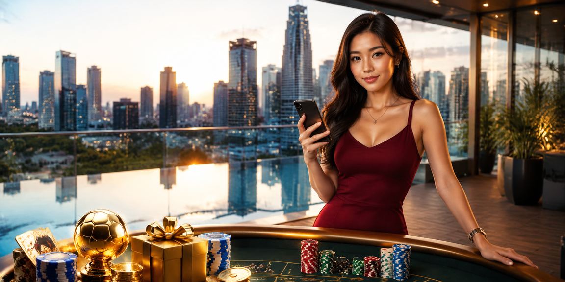 Model perempuan menggunakan ponsel untuk mengakses platform taruhan olahraga